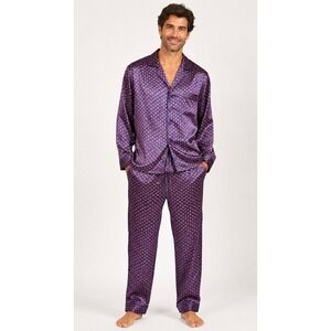 Robert Louis Men's Large Silk Blend Pajama Set Blue Red Print Button Front